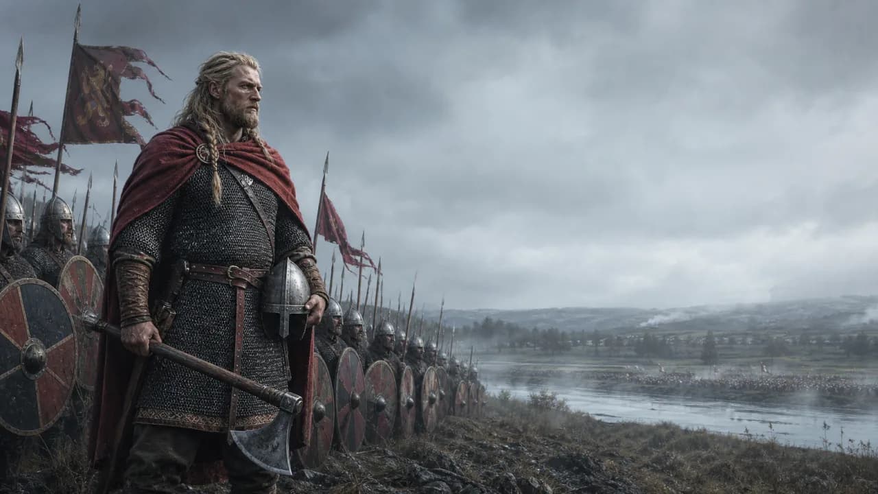 Harald Hardrada standing before a Viking shield wall