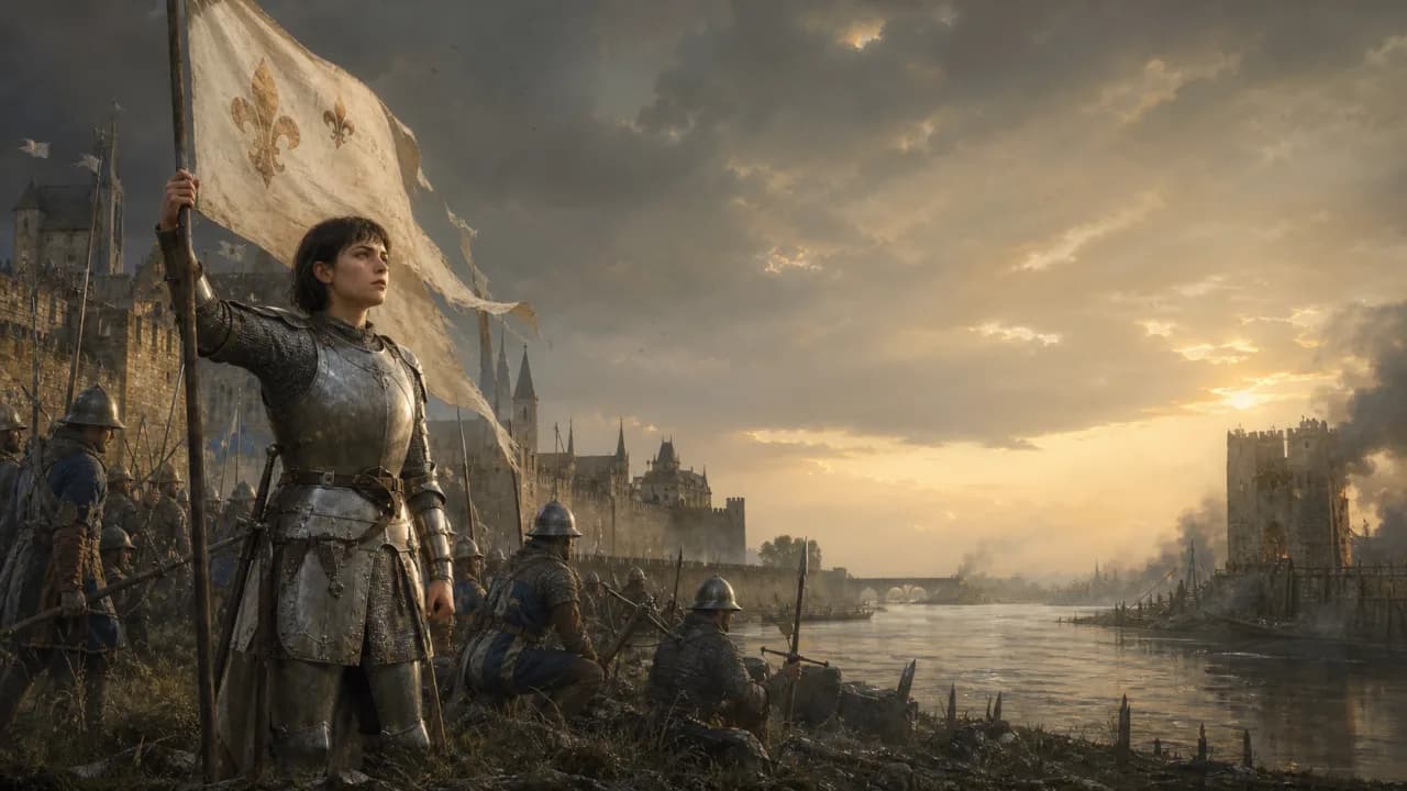 Joan of Arc holding a French banner above a medieval city