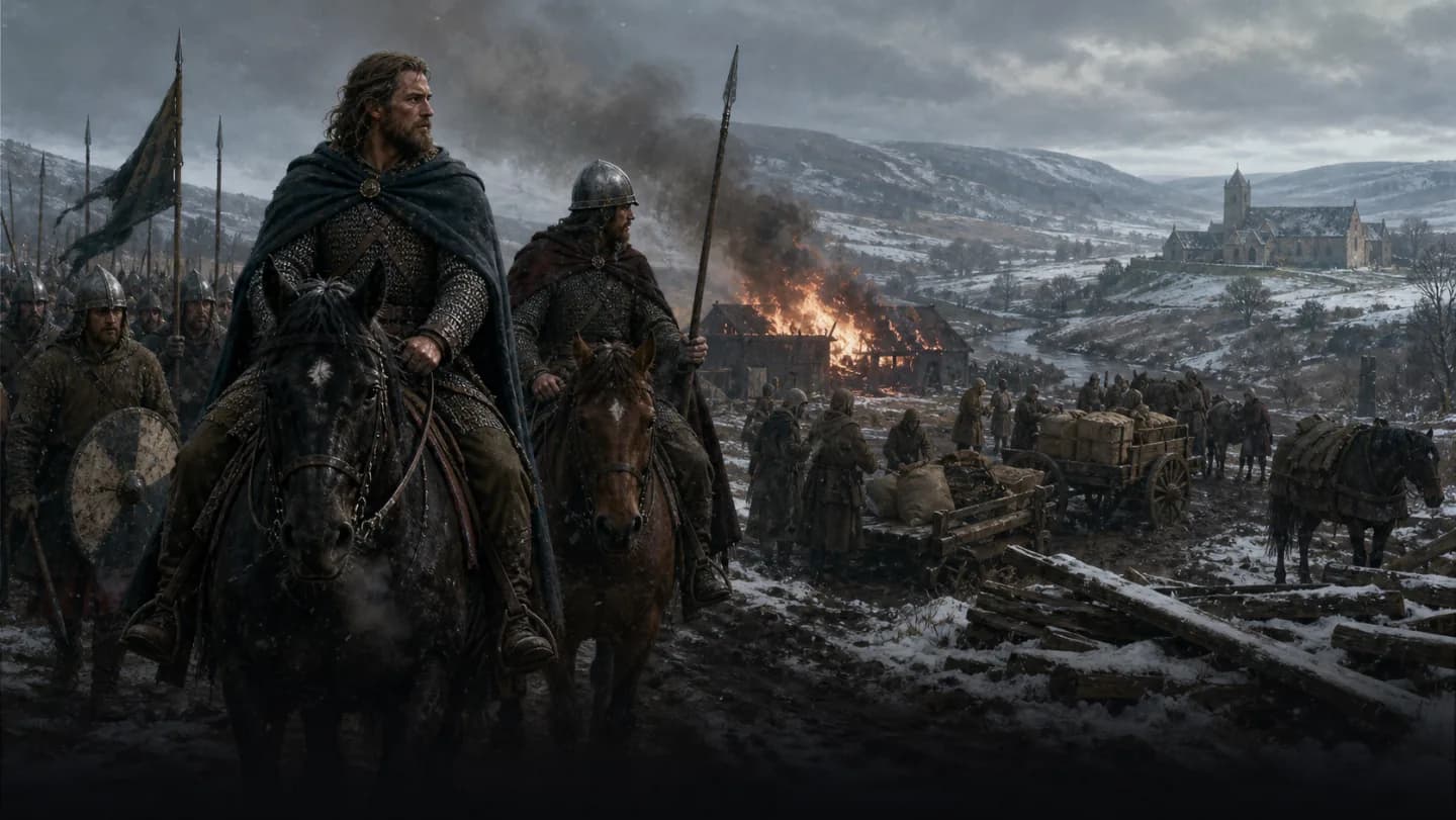 William Wallace riding through a snow-covered Scottish settlement