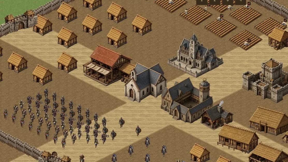 StoneSiege overview of a fully developed Imperial Scottish citadel with working farms, houses, castles, continuous walls, and a large army