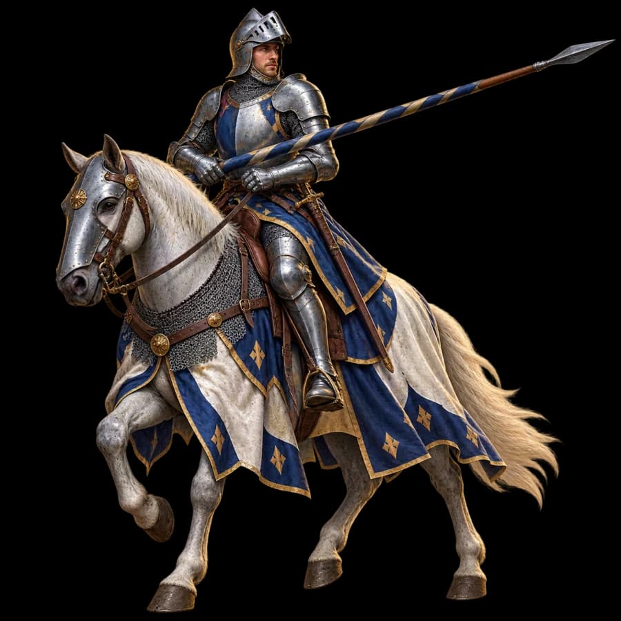 French Chevalier in plate armour mounted on a protected warhorse with a lance