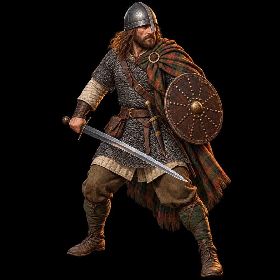 Scots Highland Raider in mail with a sword and round leather targe